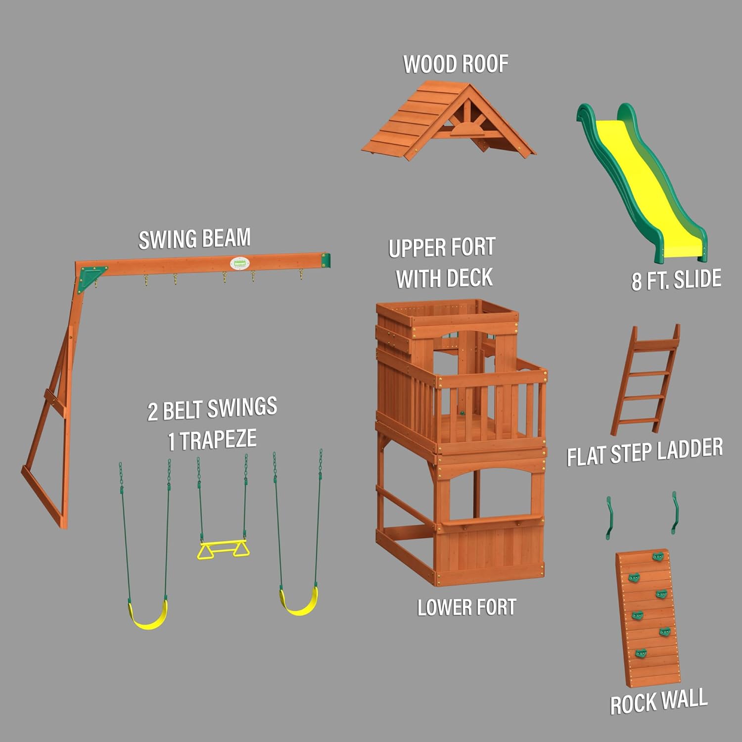 All Cedar Wood Playset/Climbing Frame Complete with Slide, Two Belt-Swings & Trapeze Bar