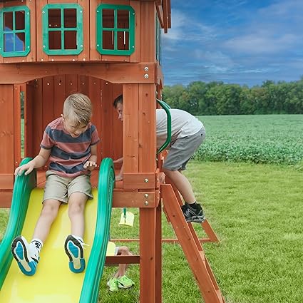 All Cedar Wood Playset/Climbing Frame Complete with Slide, Two Belt-Swings & Trapeze Bar