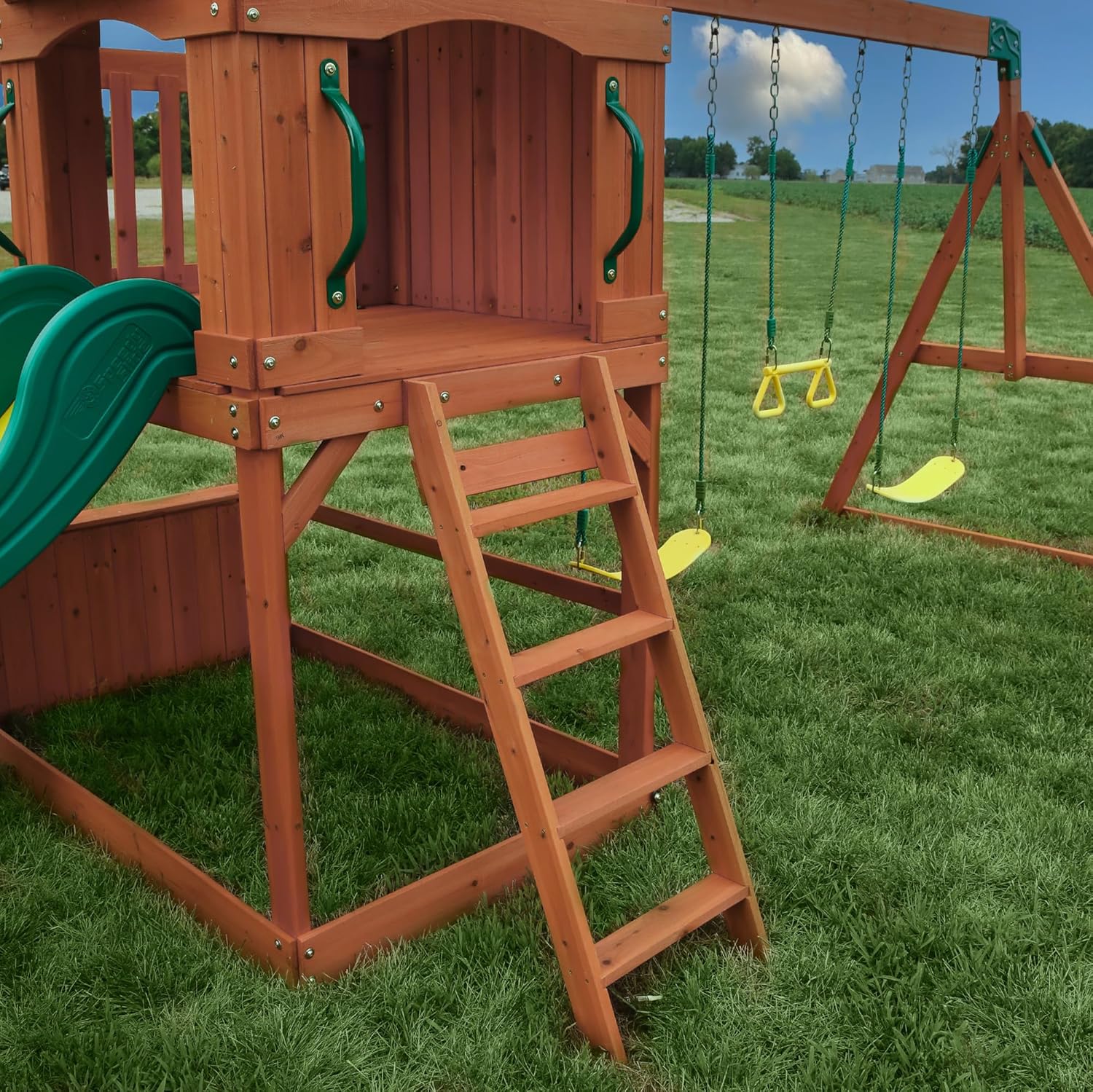 All Cedar Wood Playset/Climbing Frame Complete with Slide, Two Belt-Swings & Trapeze Bar