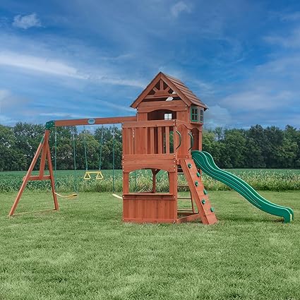 All Cedar Wood Playset/Climbing Frame Complete with Slide, Two Belt-Swings & Trapeze Bar
